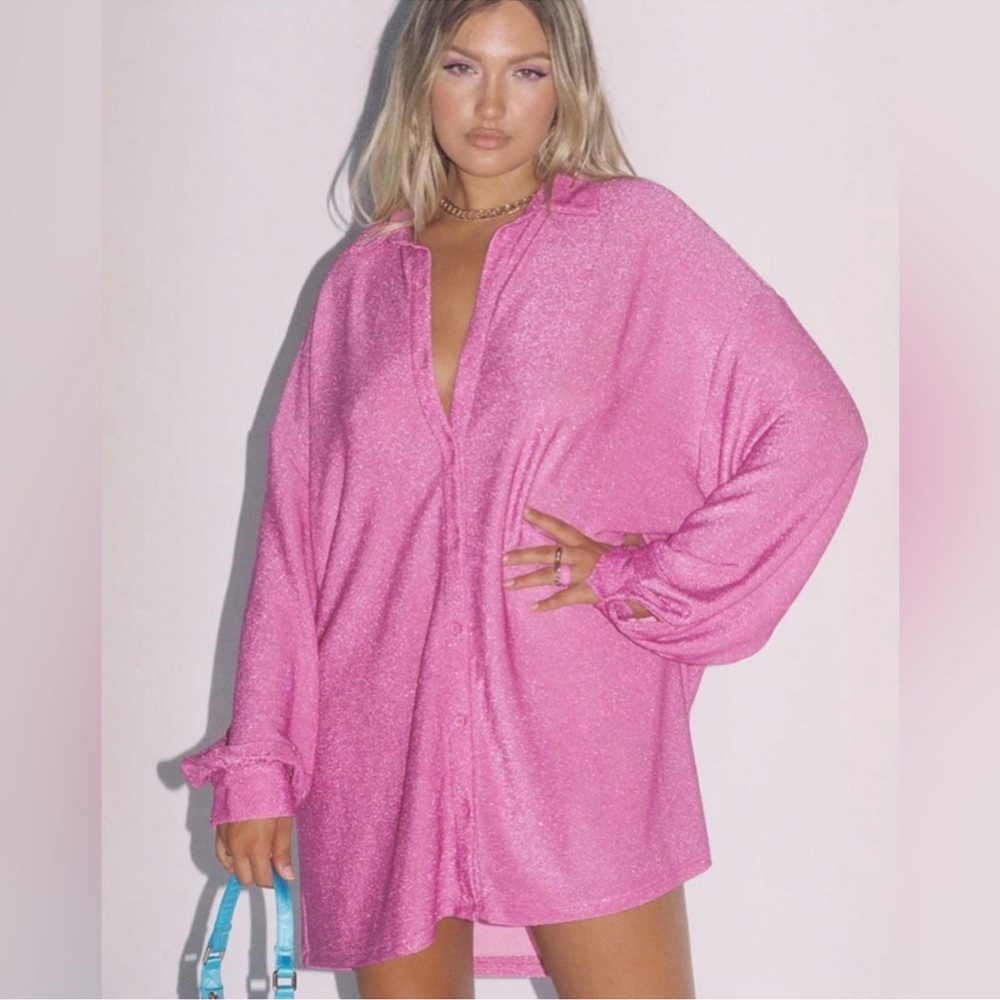 Princess Polly Evolving Button Down Shirt Mini Dress in Pink Shimmer Size 8